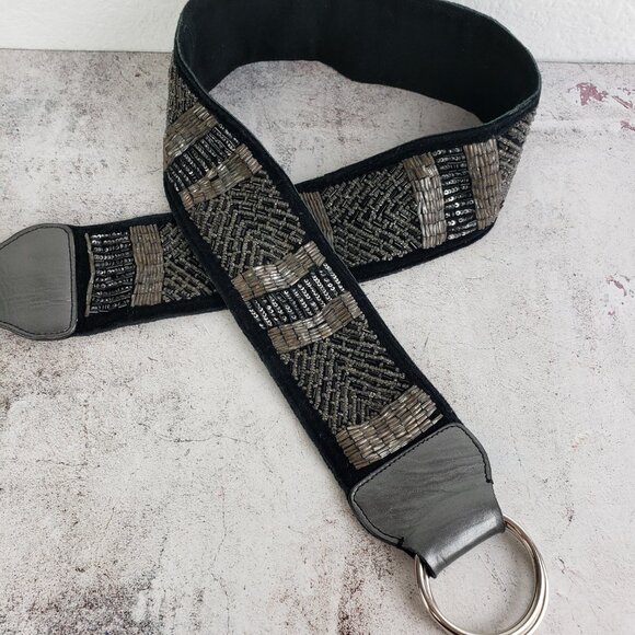 Vintage Beaded Leather Belt L/XL Metallic Bohemian Sequins Evening Festival main image 8
